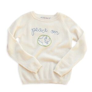 Lingua Franca Peace on Earth Kids Cashmere Crew Sweater Hand Embroidered Ivory